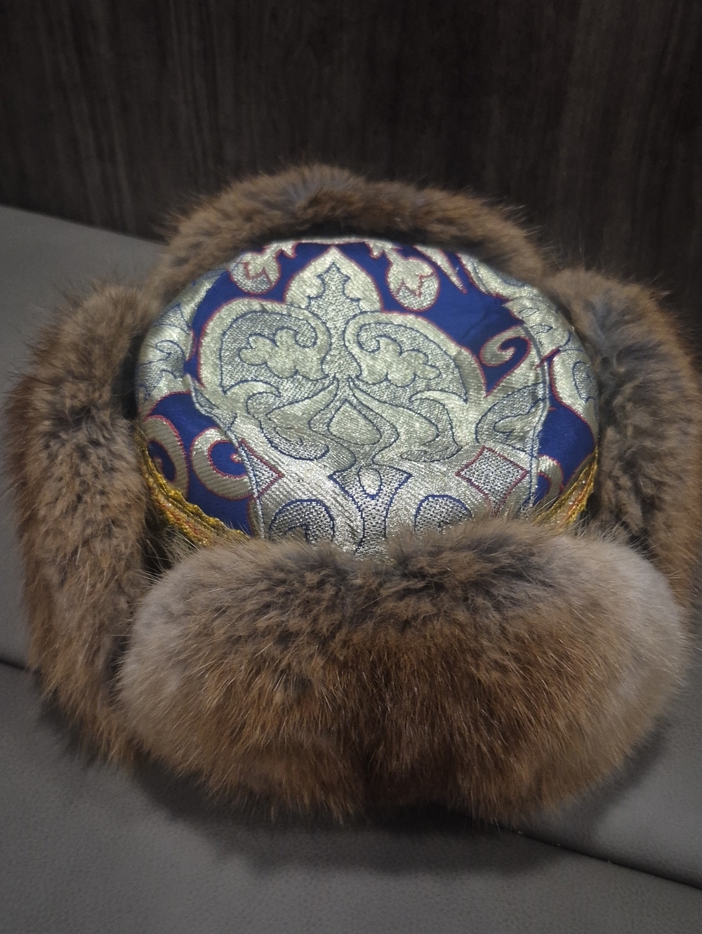 Rabbit Fur Trimmed Brocade Winter Hat - Blue and Brown